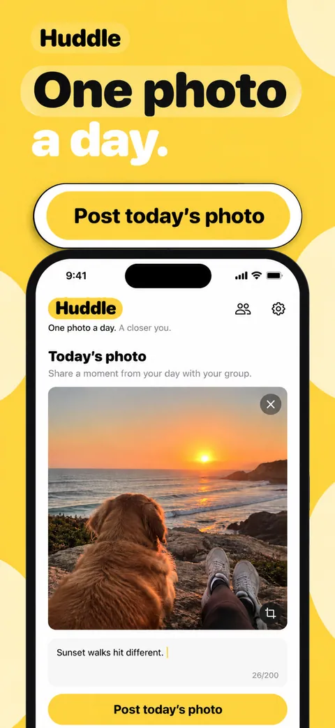 Huddle photo-a-day social app App Store screenshot made with Nuvex, frame 1